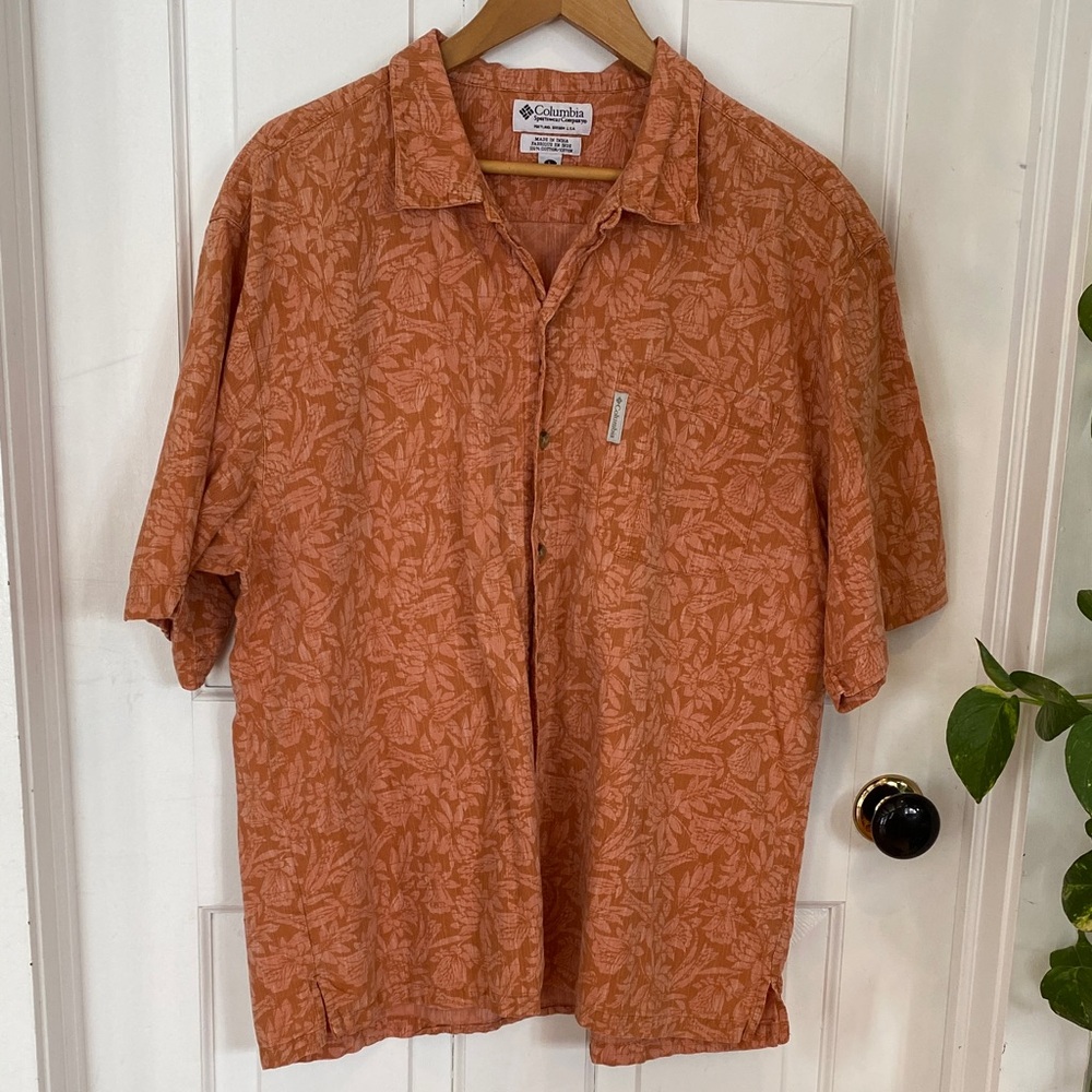 Columbia Cotton Men's Rust Orange Leaf Floral Print Casual Shirt resort outdoor